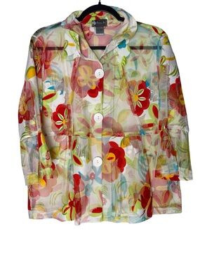 Damee Inc Mesh Floral Top Large Sheer Stretch 3/4 Sleeve Button Front Summer